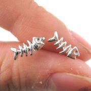 Tiny Fish Bone Fishbone Animal Stud Earrings in Silver