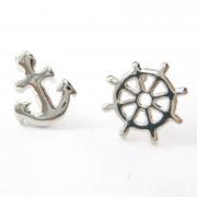Small Nautical Inspired Anchor and Wheel Stud Earrings in Silver