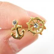 Small Anchor and Wheel Nautical Stud Earrings in Gold