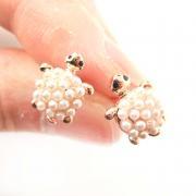 Realistic Turtle Tortoise Sea Animal Shaped Stud Earrings in Rose Gold with Pearl Details