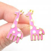 Large Giraffe Shaped Animal Stud Earrings in Pink with White Polka Dots