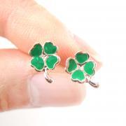 Small Four Leaf Clover Shaped Stud Earrings in Green and Rose Gold