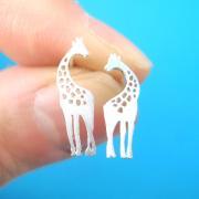 Giraffe Mother and Baby Silhouette Shaped Stud Earrings in Silver