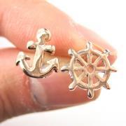 Small Anchor and Wheel Nautical Stud Earrings in Rose Gold
