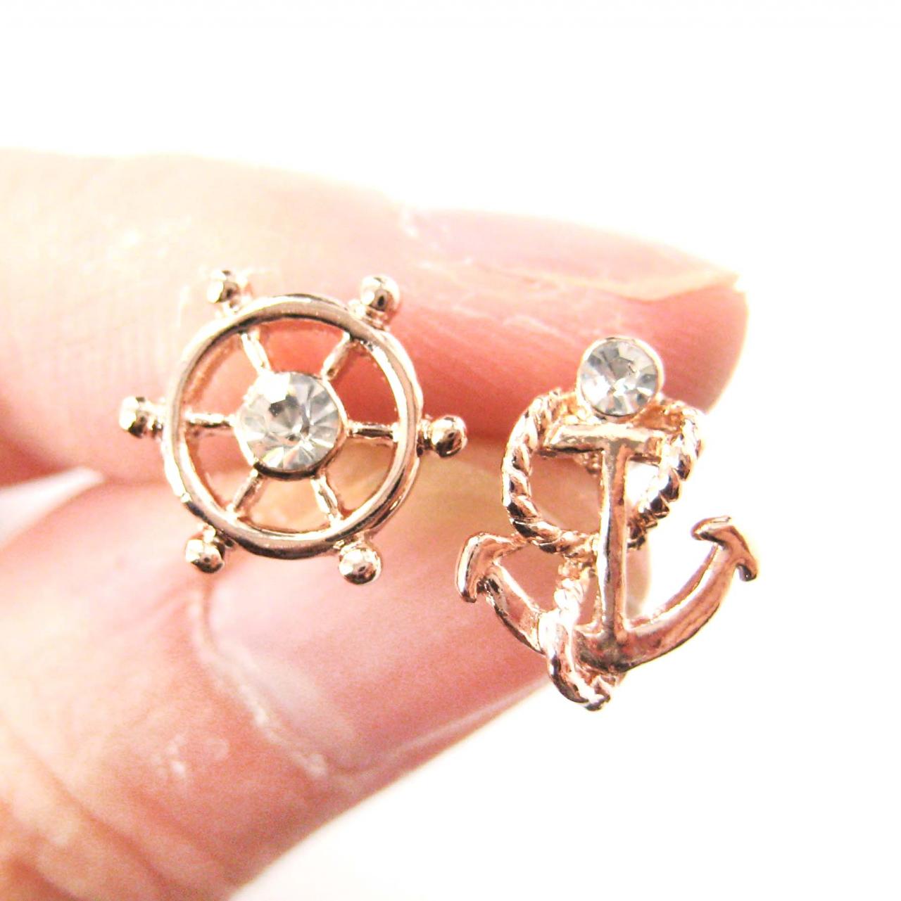 Classic Anchor And Wheel Nautical Themed Stud Earrings In Rose Gold