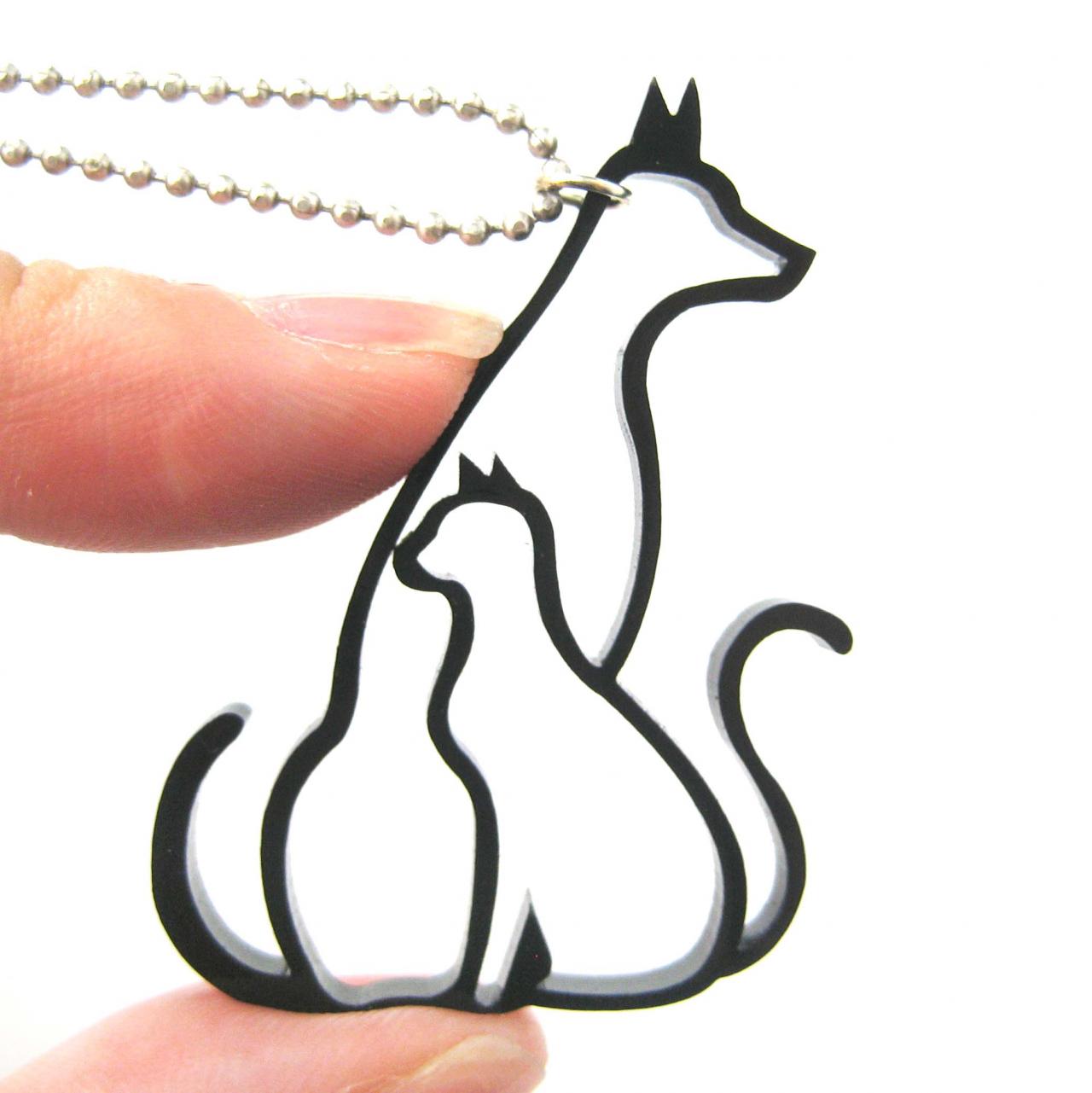 Cat And Dog Shaped Animal Charm Outline Necklace In Black Acrylic on Luulla