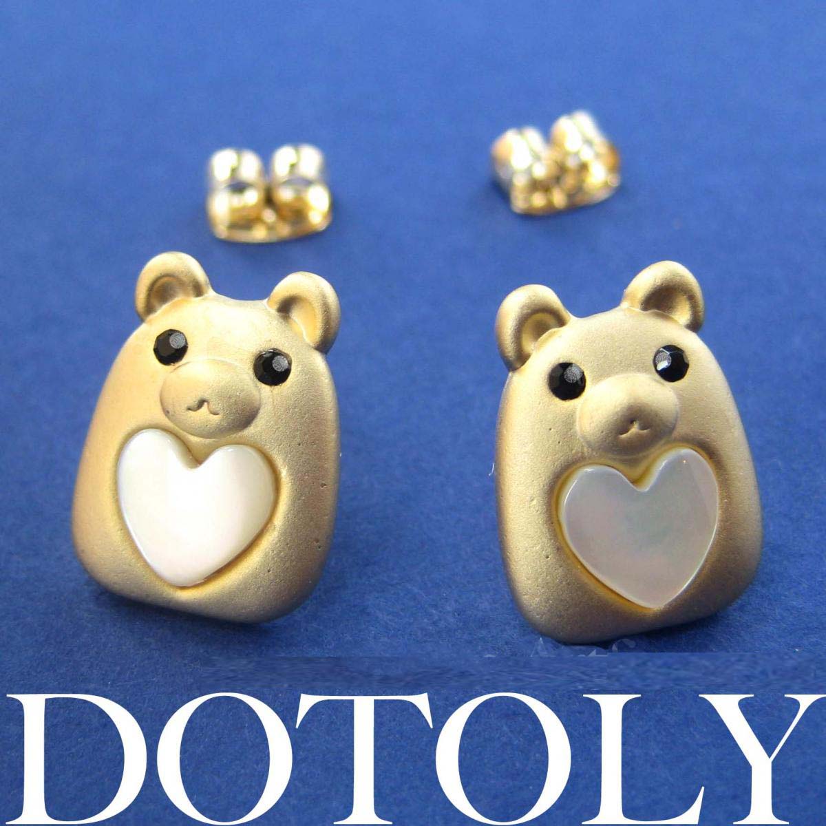 Teddy Bear Animal Stud Earrings In Gold With Pearl Heart Allergy on Luulla