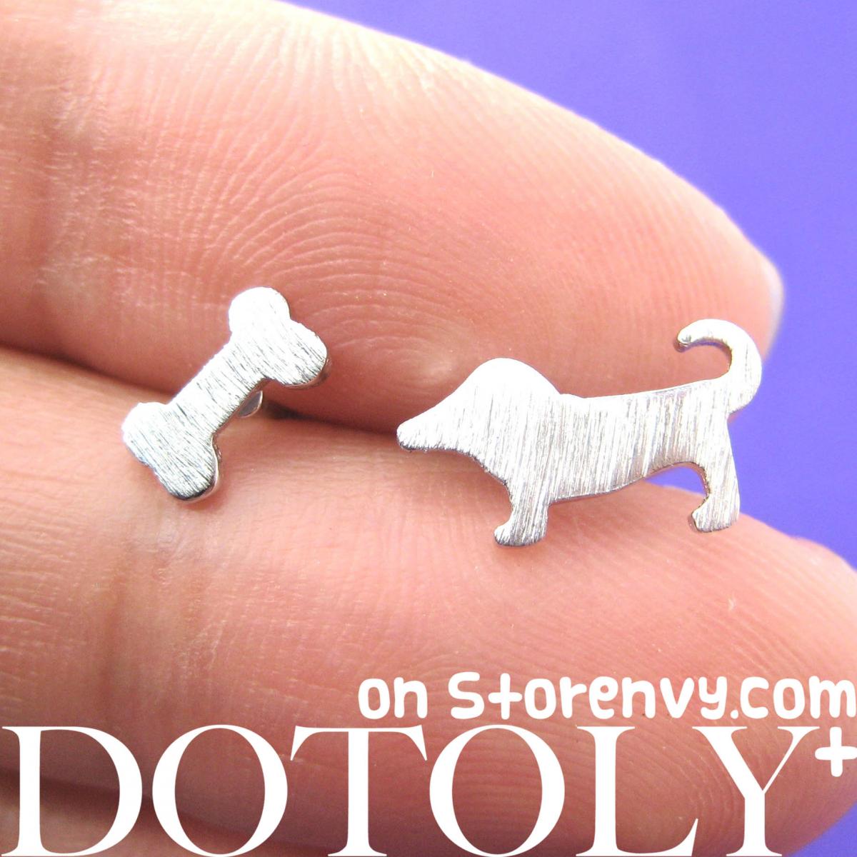 Puppy Dog And Bone Animal Stud Earrings In Sterling Silver on Luulla