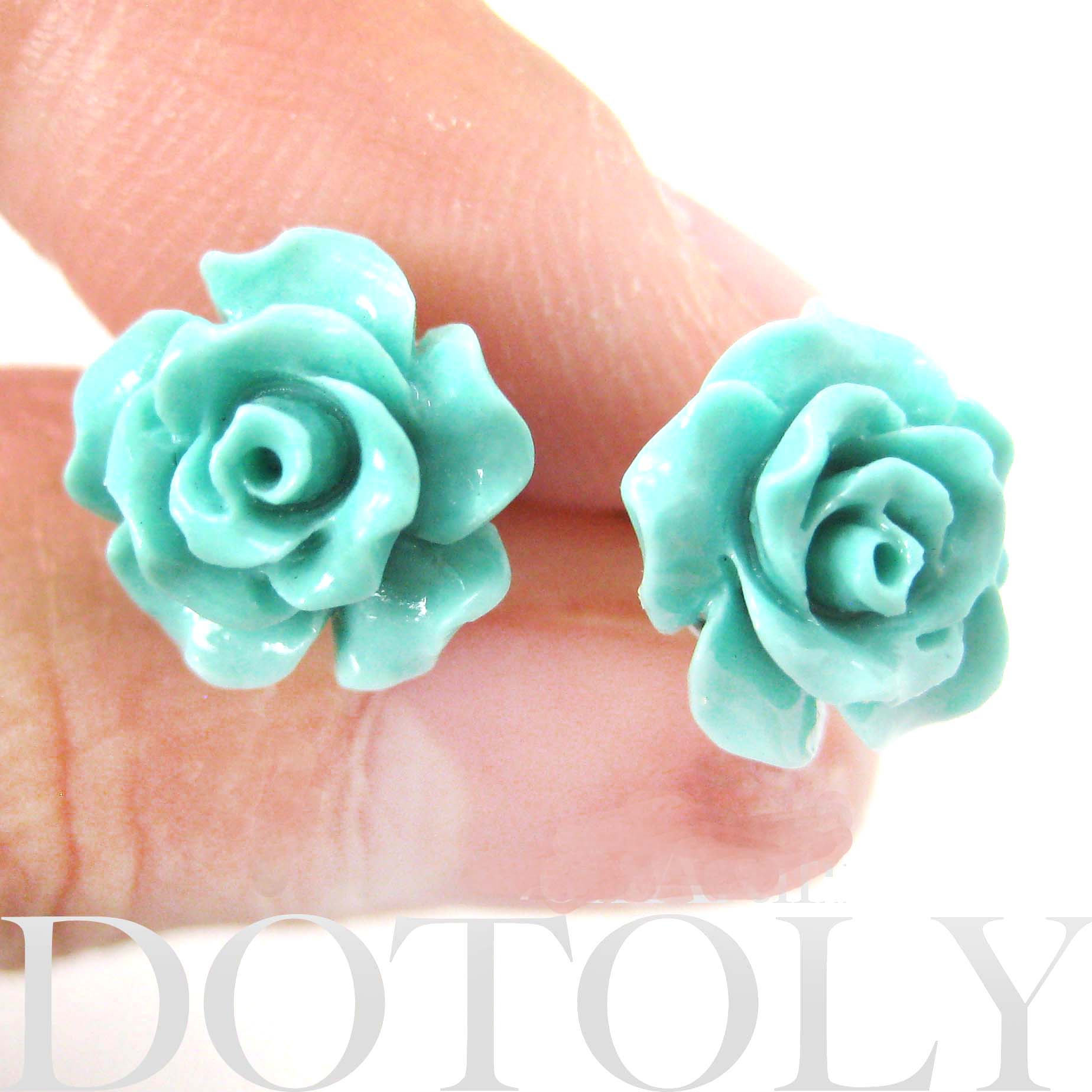 Small Floral Rose Resin Stud Earrings In Mint Blue Green On Luulla