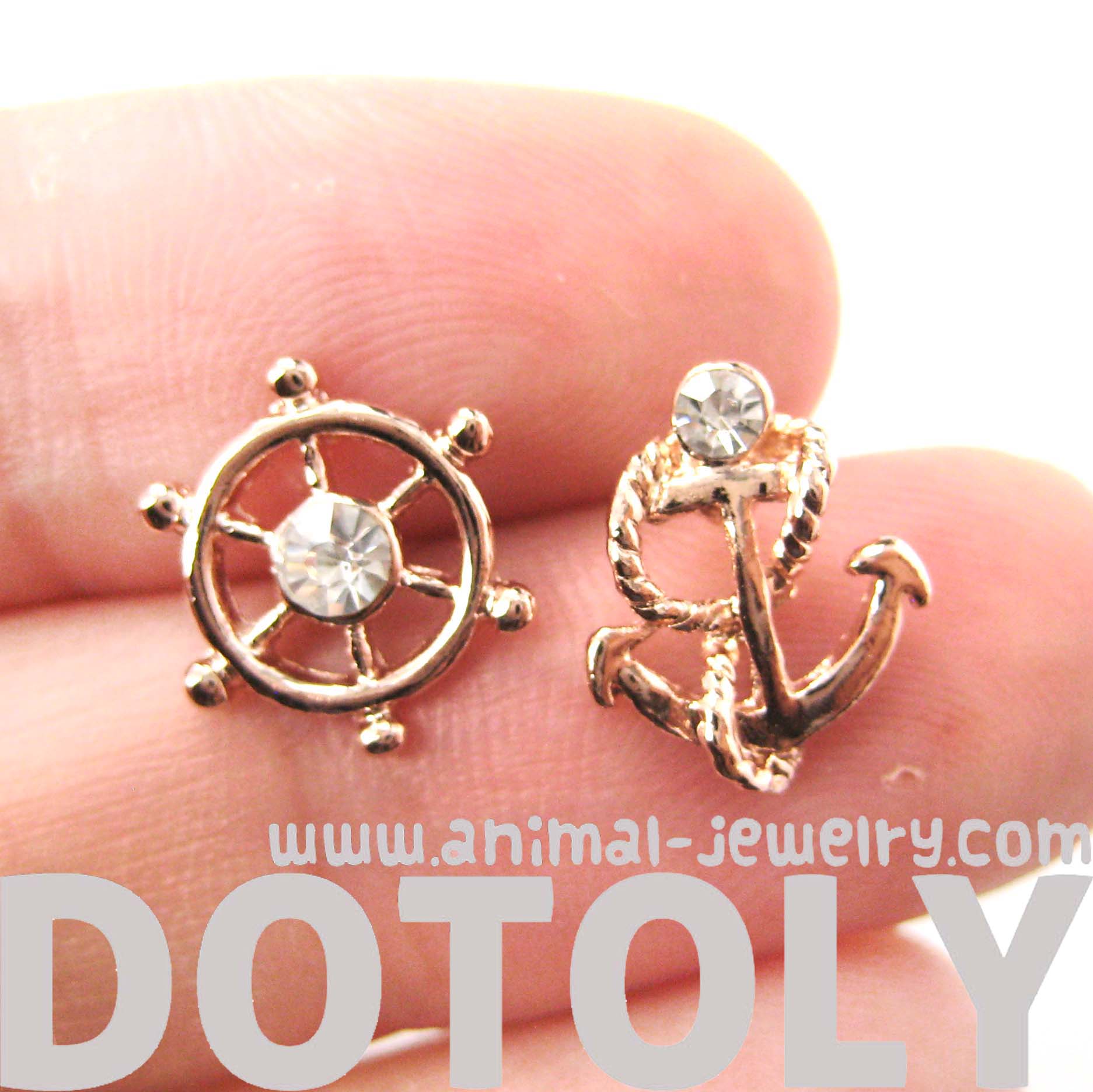 Classic Anchor And Wheel Nautical Themed Stud Earrings In Rose Gold